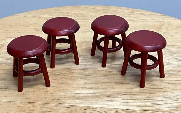 Set of 4 Miniature Red Stools, Dollhouse Red Wood Stools, Miniature Stools