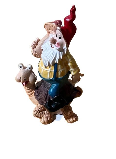 Miniature Gnome Riding on a Turtle, Fairy Garden Gnome, 3.5