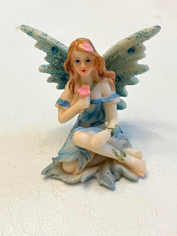 Set of 4 Sitting Shimmery Fairies Holding a Flower, Fairy Cake Topper, Gift for Fairy Collector