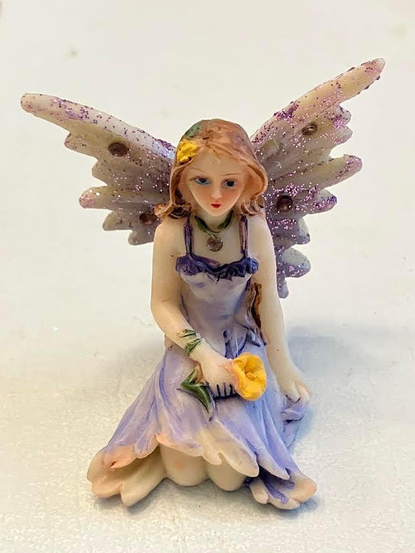 Set of 4 Sitting Shimmery Fairies Holding a Flower, Fairy Cake Topper, Gift for Fairy Collector