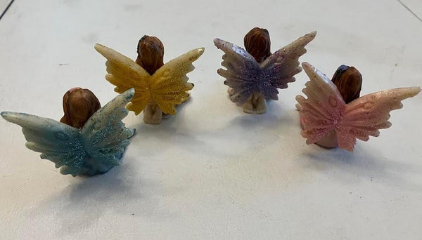 Set of 4 Sitting Shimmery Fairies Holding a Flower, Fairy Cake Topper, Gift for Fairy Collector