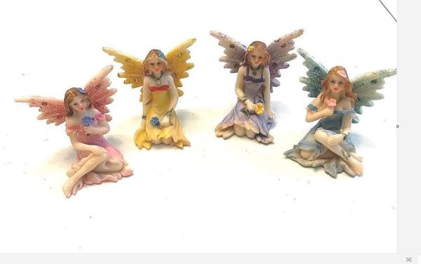 Set of 4 Sitting Shimmery Fairies Holding a Flower, Fairy Cake Topper, Gift for Fairy Collector