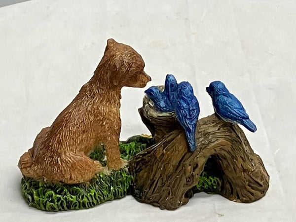 Miniature Dog Watching Over Birds Figurine