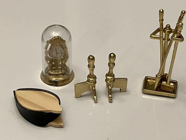 Dollhouse Miniature Fireplace Tools and Mantle Clock