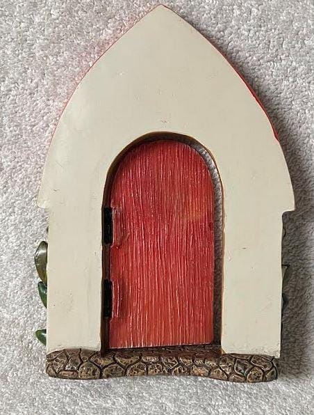 Red Door in Floral Decorated Arched Entry Way, Fairy Garden Door