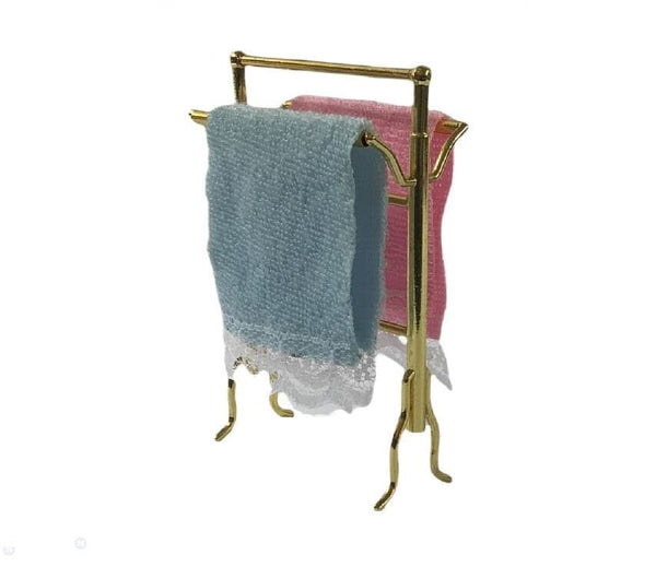 Miniature Towel Rack, Dollhouse Pink and Blue Towels, Bathroom Supply