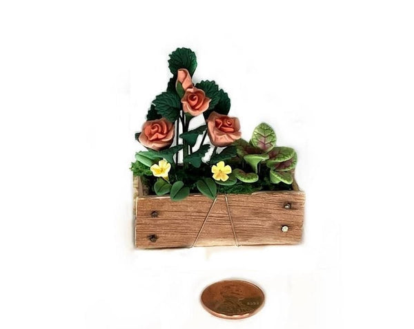Miniature Window Box with Artificial Coral Roses, Wooden Dollhouse Window Box