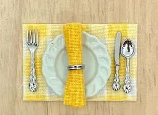 2 Dollhouse Kitchen Table Settings, Yellow Placemats and Napkins with Plates and Cutlery, Miniature Kitchen Table Setting