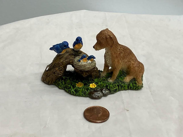 Miniature Dog Watching Over Birds Figurine