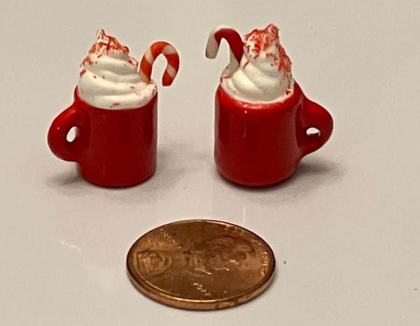 Pair of Miniature Dollhouse Holiday Red Mugs with Candy Canes