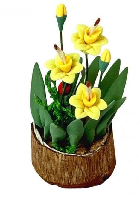 Artificial Miniature Daffodils in a Brown Pot