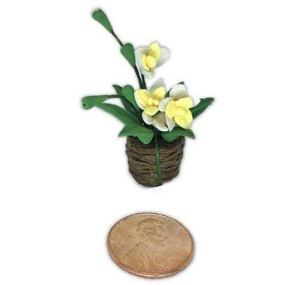 Artificial Dollhouse Plant Basket with Choice of Purple or Yellow Flowers