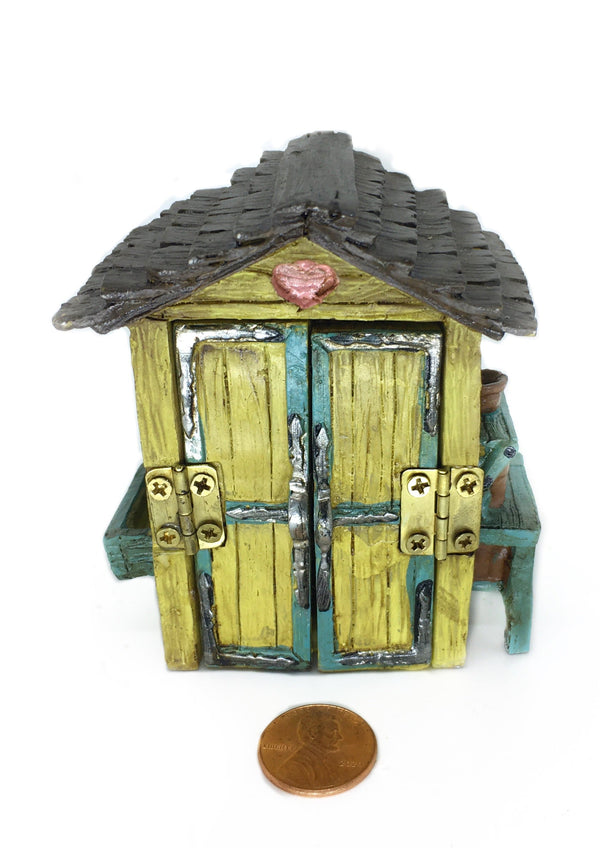 Yellow Fairy Garden Shed, 3&quot; Shed with Garden Tools, Mini Fairy Garden Shed, Terrarium Accessory