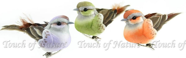 Green, Orange and Purple Birds,   Set of 3 Fairy Garden Birds for Nests,  Plants and Trees