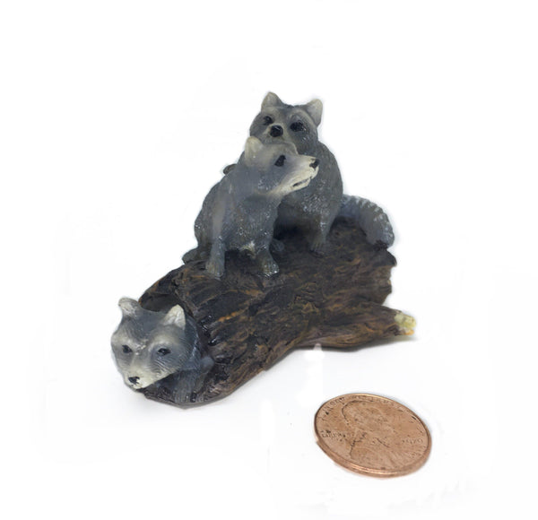 Sitting Raccoon Figurine,  Miniature Gray Forest Animal, Raccoons on a Log