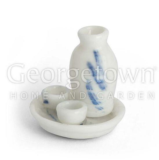 Dollhouse Miniature Sake Set,  White and Blue 1" White Tray with Jar and Cups