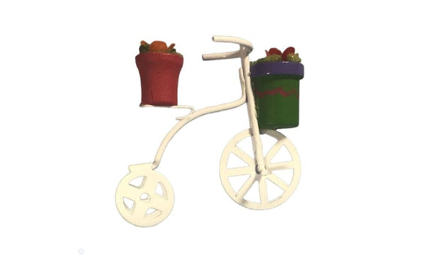 Miniature White Tricycle with Flowers, Dollhouse Bicycle Holding Flower Pots. Shadow Box Tricycle