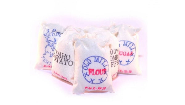Set of 6 Assorted Miniature Sacks, Dollhouse Kitchen Sacks, Vintage Kitchen Supply