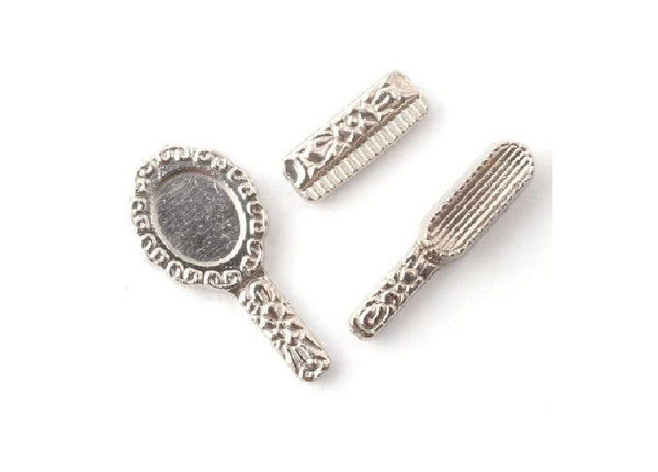 Miniature Brush, Comb and Mirror Set, Silver  Tone Dollhouse Brush Set