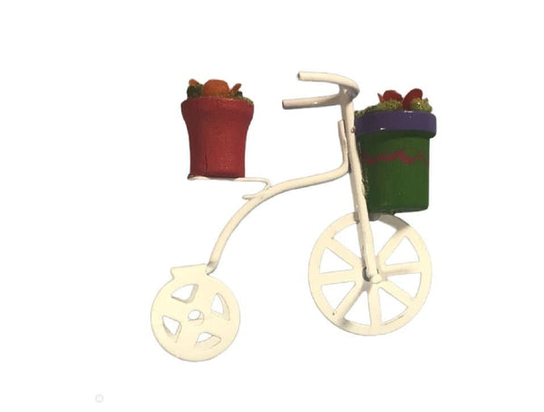Miniature White Tricycle with Flowers, Dollhouse Bicycle Holding Flower Pots. Shadow Box Tricycle
