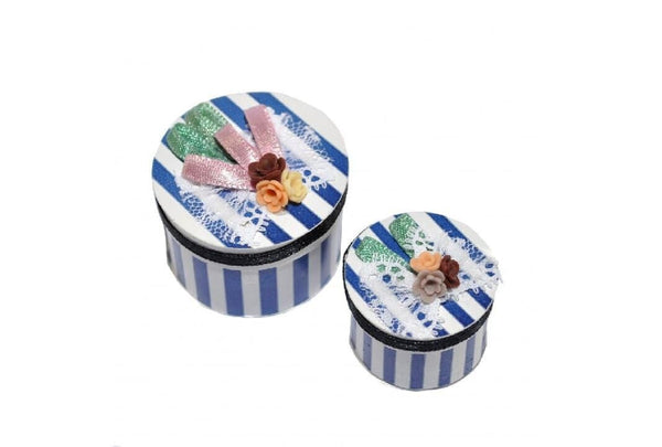 Miniature Blue and White Striped Hat Boxes,  Set of 2 Round Dollhouse Hat Boxes, Shadow Box Miniature