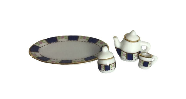 Blue and White Ceramic Dollhouse Miniature Tea Set, Miniature Teapot, Sugar Bowl, Pitcher and Tray