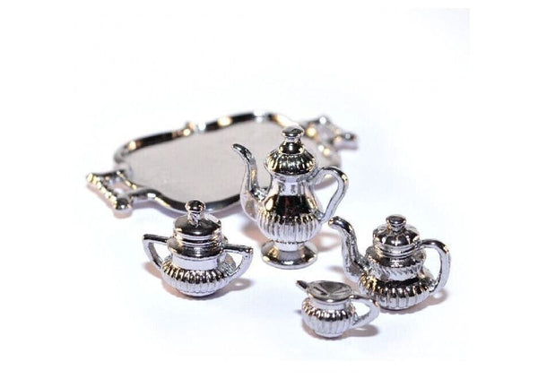 Miniature Silver Tone Metal Coffee and Tea Set, Dollhouse Teapot, Coffee Pot, Sugar Bowl, Pitcher and Tray