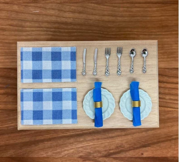 2 Dollhouse Kitchen Table Settings, Blue Placemats and Napkins with Plates and Cutlery for 2, Miniature Kitchen Table Setting
